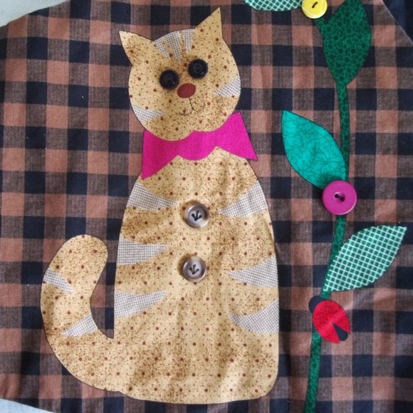 Vintage CRAFTCORE Kitsch Ditsy Floral Cat Scrunchie Flower Check Waistcoat Vest - Picture 6 of 7